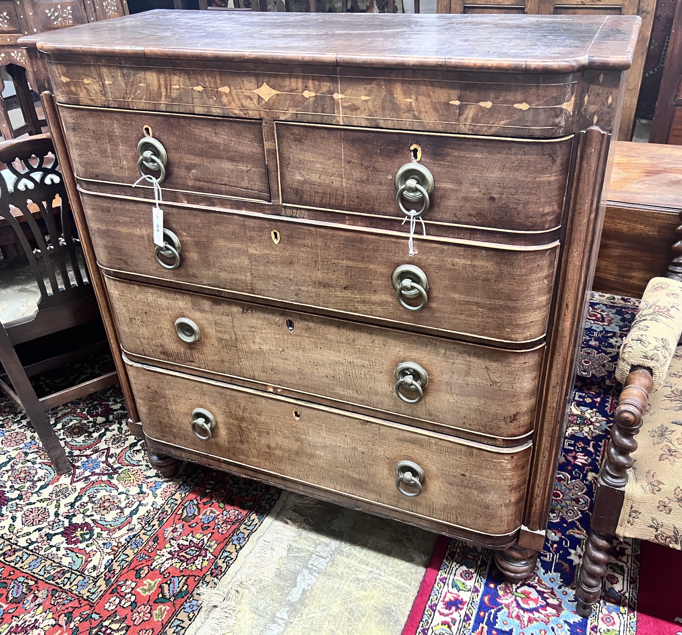 A Regency inlaid mahogany bow front chest, width 108cm, depth 48cm, height 115cm